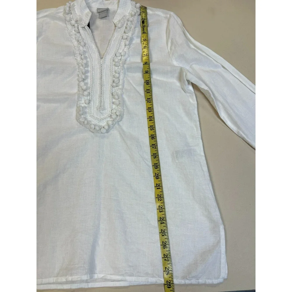 Chico's SZ 1 White Linen Tunic Top Pompom + Fringe Accented‎ V-Neck 3/4 Sleeves